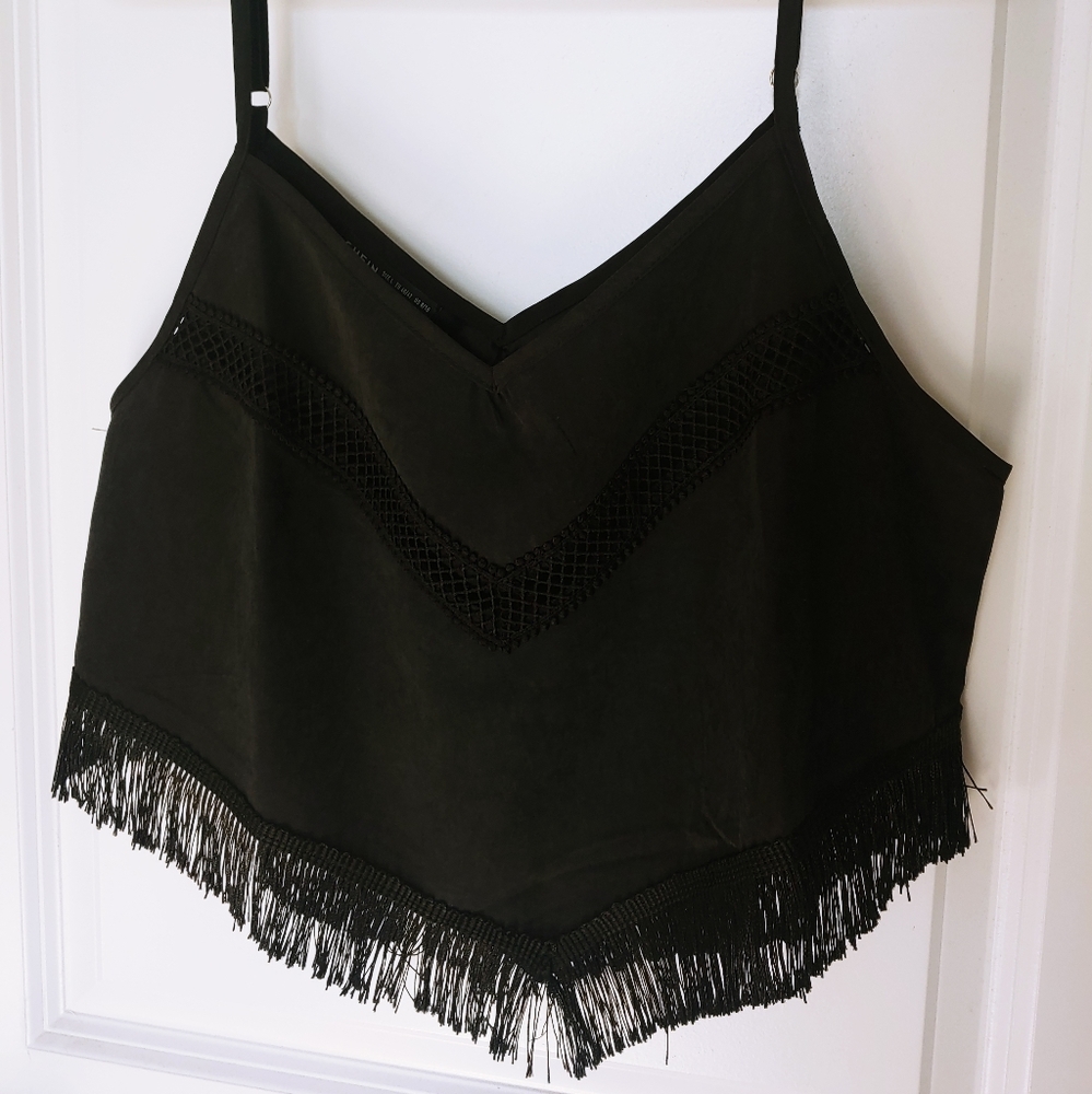 New! Black V Fringe Crop Top